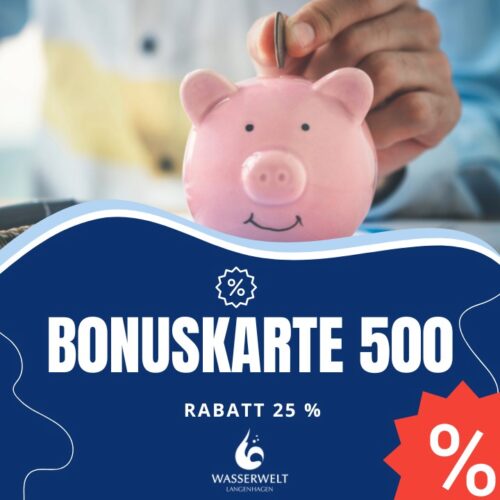 Bezahle entspannt für alle Leistungen innerhalb der Wasserwelt und spare 25%* auf reguläre Eintritte.
<div><span class="font_size_area" style="font-size: 62.5%; ">*ausgenommen Familienkarten, Veranstaltungen und weiteren Angeboten.</span></div>