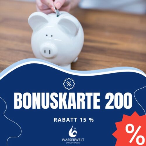 Bezahle entspannt für alle Leistungen innerhalb der Wasserwelt und spare 15%* auf reguläre Eintritte.
<div><span class="font_size_area" style="font-size: 62.5%; ">*ausgenommen Familienkarten, Veranstaltungen und weiteren Angeboten.</span></div>
